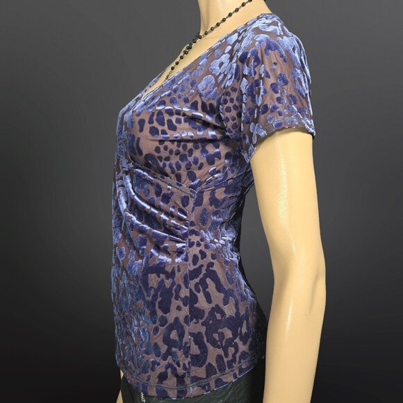Y2K Blue Leopard Flocked Velvet Burnout Sheer Mesh Top Size M V Neck - Picture 4 of 11